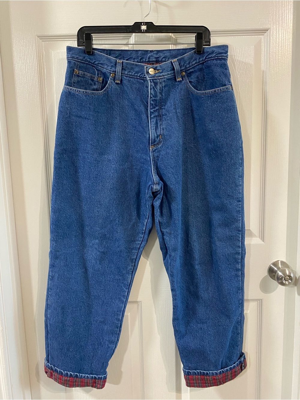 LL BEAN Thick Red Flannel-Lined Cotton Denim Jeans WMNS 16P Vintage 90s Cottage - Picture 2 of 8